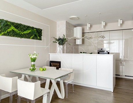 Белая глянцевая кухня в интерьере
